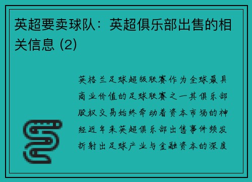 英超要卖球队：英超俱乐部出售的相关信息 (2)