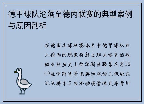 德甲球队沦落至德丙联赛的典型案例与原因剖析